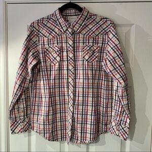 Ariat Shirt Women Size Large Plaid Snap Button Front Metallic